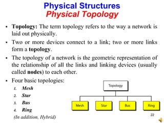  Topology: The term topology refers to the way a network is
laid out physically.
 Two or more devices connect to a link; two or more links
form a topology.
 The topology of a network is the geometric representation of
the relationship of all the links and linking devices (usually
called nodes) to each other.
 Four basic topologies:
1. Mesh
2. Star
3. Bus
4. Ring
(In addition, Hybrid)
Physical Structures
Physical Topology
22
 