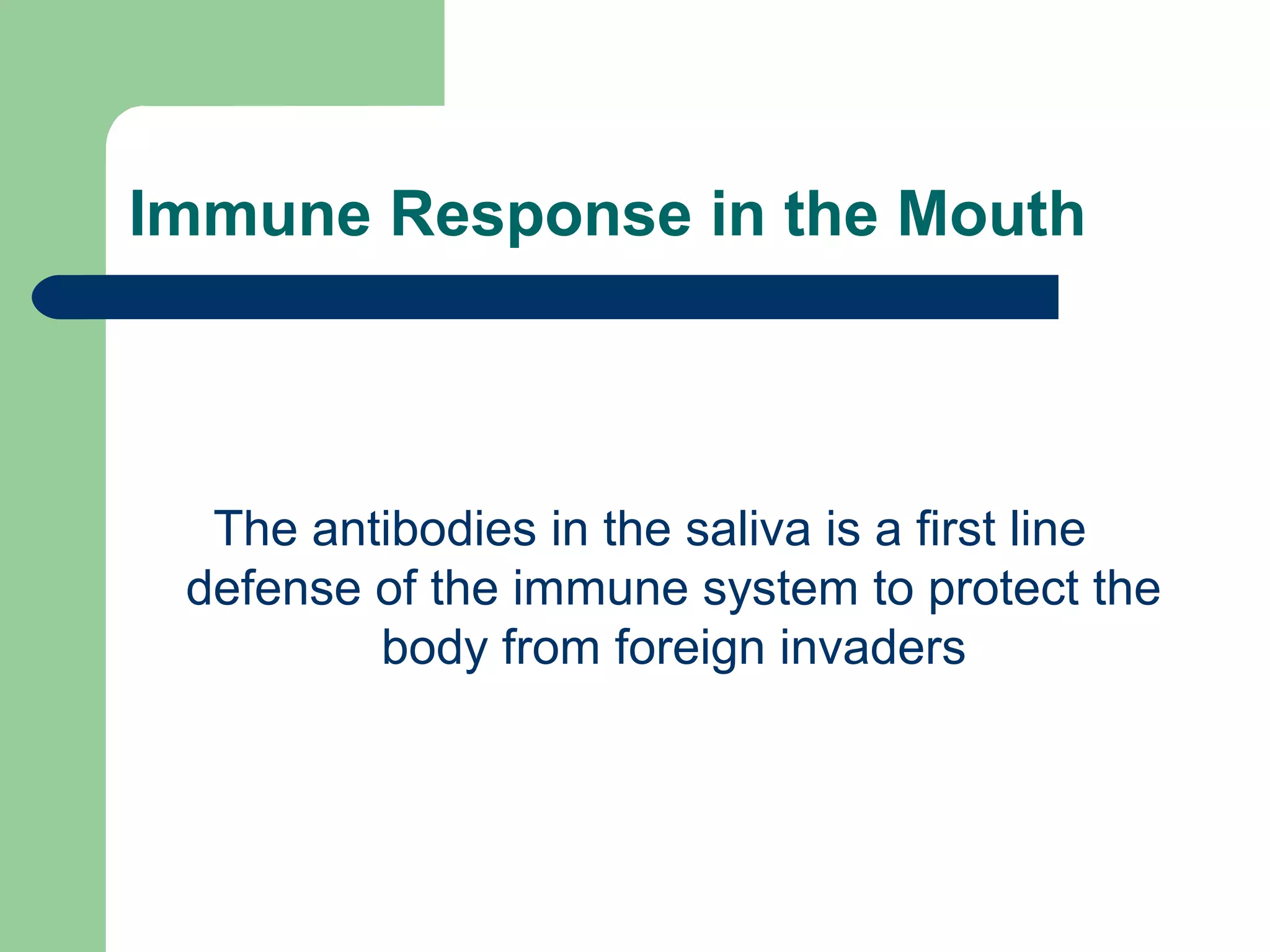 Immune Response in the Mouth 
The antibodies in the saliva is a first line 
defense of the immune system to protect the 
body from foreign invaders 
 