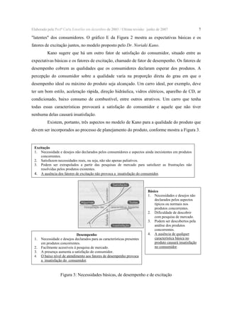 Elaborado pela Profª Carla Estorilio em dezembro de 2003 / Ultima revisão: junho de 2007

7

"latentes" dos consumidores. O gráfico E da Figura 2 mostra as expectativas básicas e os
fatores de excitação juntos, no modelo proposto pelo Dr. Noriaki Kano.
Kano sugere que há um outro fator de satisfação do consumidor, situado entre as
expectativas básicas e os fatores de excitação, chamado de fator de desempenho. Os fatores de
desempenho cobrem as qualidades que os consumidores declaram esperar dos produtos. A
percepção do consumidor sobre a qualidade varia na proporção direta do grau em que o
desempenho ideal ou máximo do produto seja alcançado. Um carro ideal, por exemplo, deve
ter um bom estilo, aceleração rápida, direção hidráulica, vidros elétricos, aparelho de CD, ar
condicionado, baixo consumo de combustível, entre outros atrativos. Um carro que tenha
todas essas características provocará a satisfação do consumidor e aquele que não tiver
nenhuma delas causará insatisfação.
Existem, portanto, três aspectos no modelo de Kano para a qualidade do produto que
devem ser incorporados ao processo de planejamento do produto, conforme mostra a Figura 3.

Excitação
1. Necessidade e desejos não declarados pelos consumidores e aspectos ainda inexistentes em produtos
concorrentes.
2. Satisfazem necessidades reais, ou seja, não são apenas paliativos.
3. Podem ser extrapolados a partir das pesquisas de mercado para satisfazer as frustrações não
resolvidas pelos produtos existentes.
4. A ausência dos fatores de excitação não provoca a insatisfação do consumidor.

1.
2.
3.
4.

Desempenho
Necessidade e desejos declarados para as características presentes
em produtos concorrentes.
Facilmente acessíveis à pesquisa de mercado.
A presença aumenta a satisfação do consumidor.
O baixo nível de atendimento aos fatores de desempenho provoca
a insatisfação do consumidor.

Básico
1. Necessidades e desejos não
declarados pelos aspectos
típicos ou normais nos
produtos concorrentes.
2. Dificuldade de descobrir
com pesquisa de mercado.
3. Podem ser descobertos pela
análise dos produtos
concorrentes.
4. A ausência de qualquer
característica básica no
produto causará insatisfação
no consumidor.

Figura 3: Necessidades básicas, de desempenho e de excitação

 