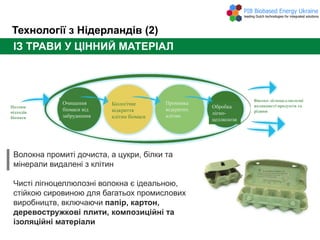Технології з Нідерландів (2)
ІЗ ТРАВИ У ЦІННИЙ МАТЕРІАЛ
Волокна промиті дочиста, а цукри, білки та
мінерали видалені з клітин
Чисті лігноцеллюлозні волокна є ідеальною,
стійкою сировиною для багатьох промислових
виробництв, включаючи папір, картон,
деревостружкові плити, композиційні та
ізоляційні матеріали
Потоки
відходів
біомаси
Очищення
біомаси від
забруднення
Високо лігноцеллюлозні
волокнисті продукти та
рідини
Промивка
відкритих
клітин
Біологічне
відкриття
клітин біомаси
Обробка
лігно-
целлюлози
 