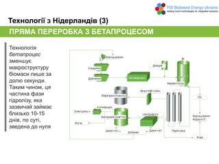 Технології з Нідерландів (3)
Технологія
бетапроцес
зменшує
макроструктуру
біомаси лише за
долю секунди.
Таким чином, ця
частина фази
гідролізу, яка
зазвичай займає
близько 10-15
днів, по суті,
зведена до нуля
ПРЯМА ПЕРЕРОБКА З БЕТАПРОЦЕСОМ
Очищення
Дистиляція
Подрібнення
Когенерація
Ферментатор
Зберігання
етанолу
Електроенергія
Вода
Культивація
Дріжджова культура
Зворотній осмос
Біогазовий
реактор
Біогаз
Бетапроцес
Декантер
Культивація
водоростей
ДобривоОрганічний осад після бродіння Органічний
осад після
бродіння
 