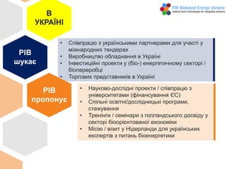 • Науково-дослідні проекти / співпрацю з
університетами (фінансування ЄС)
• Спільні освітні/дослідницькі програми,
стажування
• Тренінги / семінари з голландського досвіду у
секторі біоорієнтованої економіки
• Місію / візит у Нідерланди для українських
експертів з питань біоенергетики
• Співпрацю з українськими партнерами для участі у
міжнародних тендерах
• Виробництво обладнання в Україні
• Інвестиційні проекти у (біо-) енергетичному секторі /
біопереробці
• Торгових представників в Україні
PIB
пропонує
PIB
шукає
В
УКРАЇНІ
 