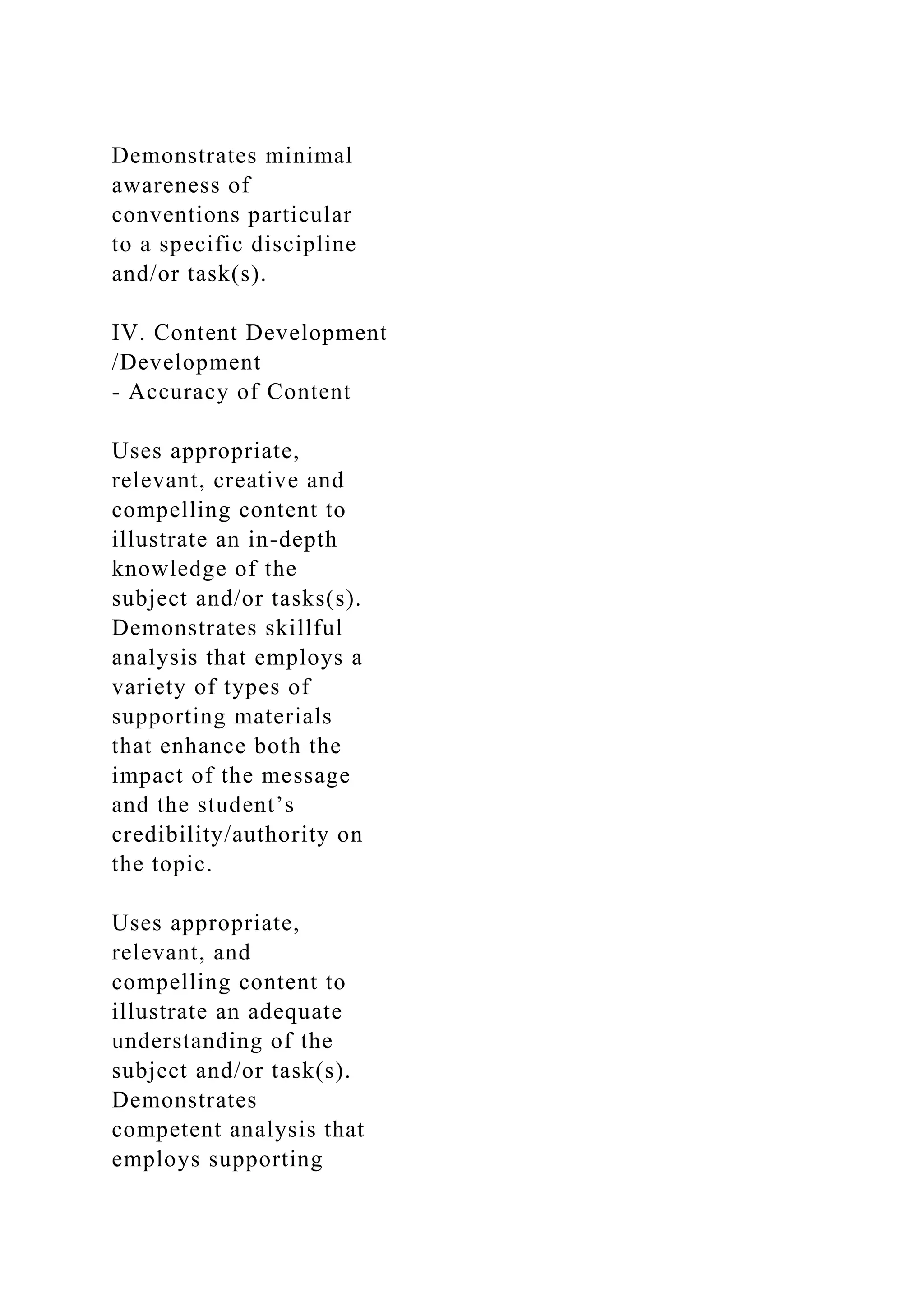 Demonstrates minimal
awareness of
conventions particular
to a specific discipline
and/or task(s).
IV. Content Development
/Development
- Accuracy of Content
Uses appropriate,
relevant, creative and
compelling content to
illustrate an in-depth
knowledge of the
subject and/or tasks(s).
Demonstrates skillful
analysis that employs a
variety of types of
supporting materials
that enhance both the
impact of the message
and the student’s
credibility/authority on
the topic.
Uses appropriate,
relevant, and
compelling content to
illustrate an adequate
understanding of the
subject and/or task(s).
Demonstrates
competent analysis that
employs supporting
 
