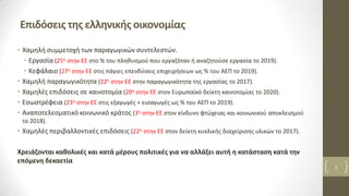Επιδόσεις της ελληνικής οικονομίας
• Χαμηλή συμμετοχή των παραγωγικών συντελεστών.
• Εργασία (25η στην ΕΕ στο % του πληθυσ...