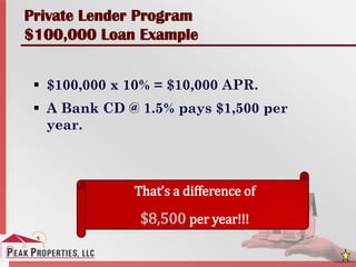 Private Lender Program
$100,000 Loan Example
 $100,000 x 10% = $10,000 APR.
 A Bank CD @ 1.5% pays $1,500 per
year.
That’s a difference of
$8,500 per year!!!
 