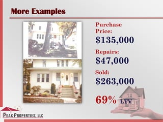 More Examples
Purchase
Price:
$135,000
Repairs:
$47,000
Sold:
$263,000
69% LTV
 