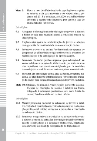 Meta 9:    Elevar a taxa de alfabetização da população com quin-
                              ze anos ou mais para noventa e três vírgula cinco por
ação parlamentar




                              cento até 2015 e erradicar, até 2020, o analfabetismo
                              absoluto e reduzir em cinquenta por cento a taxa de
                              analfabetismo funcional.
                   Estratégias:
                   9.1   Assegurar a oferta gratuita da educação de jovens e adultos
                         a todos os que não tiveram acesso à educação básica na
                         idade própria.
                   9.2   Implementar ações de alfabetização de jovens e adultos
                         com garantia de continuidade da escolarização básica.
                   9.3   Promover o acesso ao ensino fundamental aos egressos de
                         programas de alfabetização e garantir o acesso a exames de
                         reclassificação e de certificação da aprendizagem.
                   9.4   Promover chamadas públicas regulares para educação de jo-
                         vens e adultos e avaliação de alfabetização por meio de exa-
                         mes específicos, que permitam aferição do grau de analfabe-
                         tismo de jovens e adultos com mais de quinze anos de idade.
                   9.5   Executar, em articulação com a área da saúde, programa na-
                         cional de atendimento oftalmológico e fornecimento gratui-
                         to de óculos para estudantes da educação de jovens e adultos.

                   Meta 10: Oferecer, no mínimo, vinte e cinco por cento das ma-
                            trículas de educação de jovens e adultos na forma
                            integrada à educação profissional nos anos finais do
                            ensino fundamental e no ensino médio.
                   Estratégias:
                   10.1 Manter programa nacional de educação de jovens e adul-
                        tos, voltado à conclusão do ensino fundamental e à forma-
                        ção profissional inicial, de forma a estimular a conclusão
                        da educação básica.
                   10.2 Fomentar a expansão das matrículas na educação de jovens
                        e adultos de forma a articular a formação inicial e continu-
                        ada de trabalhadores e a educação profissional, objetivan-
                        do a elevação do nível de escolaridade do trabalhador.
36
                   Projeto de Lei do Plano Nacional de Educação (PNE – 2011/2020)
 