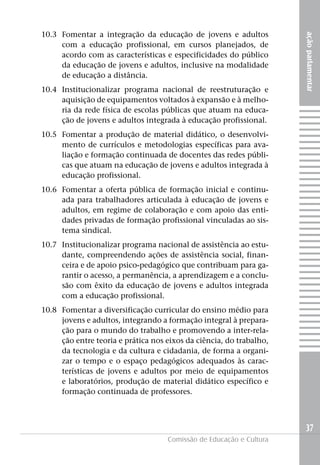 10.3 Fomentar a integração da educação de jovens e adultos




                                                                     ação parlamentar
     com a educação profissional, em cursos planejados, de
     acordo com as características e especificidades do público
     da educação de jovens e adultos, inclusive na modalidade
     de educação a distância.
10.4 Institucionalizar programa nacional de reestruturação e
     aquisição de equipamentos voltados à expansão e à melho-
     ria da rede física de escolas públicas que atuam na educa-
     ção de jovens e adultos integrada à educação profissional.
10.5 Fomentar a produção de material didático, o desenvolvi-
     mento de currículos e metodologias específicas para ava-
     liação e formação continuada de docentes das redes públi-
     cas que atuam na educação de jovens e adultos integrada à
     educação profissional.
10.6 Fomentar a oferta pública de formação inicial e continu-
     ada para trabalhadores articulada à educação de jovens e
     adultos, em regime de colaboração e com apoio das enti-
     dades privadas de formação profissional vinculadas ao sis-
     tema sindical.
10.7 Institucionalizar programa nacional de assistência ao estu-
     dante, compreendendo ações de assistência social, finan-
     ceira e de apoio psico-pedagógico que contribuam para ga-
     rantir o acesso, a permanência, a aprendizagem e a conclu-
     são com êxito da educação de jovens e adultos integrada
     com a educação profissional.
10.8 Fomentar a diversificação curricular do ensino médio para
     jovens e adultos, integrando a formação integral à prepara-
     ção para o mundo do trabalho e promovendo a inter-rela-
     ção entre teoria e prática nos eixos da ciência, do trabalho,
     da tecnologia e da cultura e cidadania, de forma a organi-
     zar o tempo e o espaço pedagógicos adequados às carac-
     terísticas de jovens e adultos por meio de equipamentos
     e laboratórios, produção de material didático específico e
     formação continuada de professores.



                                                                     37
                                    Comissão de Educação e Cultura
 