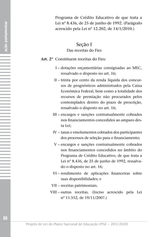 Programa de Crédito Educativo de que trata a
                                    Lei nº 8.436, de 25 de junho de 1992. (Parágrafo
ação parlamentar




                                    acrescido pela Lei nº 12.202, de 14/1/2010.)



                                                 Seção I
                                           Das receitas do Fies

                           Art. 2º Constituem receitas do Fies:

                                    I – dotações orçamentárias consignadas ao MEC,
                                        ressalvado o disposto no art. 16;
                                    II – trinta por cento da renda líquida dos concur-
                                         sos de prognósticos administrados pela Caixa
                                         Econômica Federal, bem como a totalidade dos
                                         recursos de premiação não procurados pelos
                                         contemplados dentro do prazo de prescrição,
                                         ressalvado o disposto no art. 16;
                                   III – encargos e sanções contratualmente cobrados
                                         nos financiamentos concedidos ao amparo des-
                                         ta Lei;
                                   IV – taxas e emolumentos cobrados dos participantes
                                        dos processos de seleção para o financiamento;
                                    V – encargos e sanções contratualmente cobrados
                                        nos financiamentos concedidos no âmbito do
                                        Programa de Crédito Educativo, de que trata a
                                        Lei nº 8.436, de 25 de junho de 1992, ressalva-
                                        do o disposto no art. 16;
                                   VI – rendimento de aplicações financeiras sobre
                                        suas disponibilidades; e
                                  VII – receitas patrimoniais.
                                 VIII – outras receitas. (Inciso acrescido pela Lei
                                        nº 11.552, de 19/11/2007.)




88
                   Projeto de Lei do Plano Nacional de Educação (PNE – 2011/2020)
 