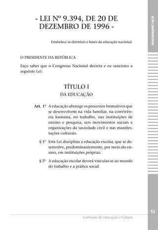 - LEI Nº 9.394, DE 20 DE




                                                                         ação parlamentar
         DEZEMBRO DE 1996 -
                Estabelece as diretrizes e bases da educação nacional.



O PRESIDENTE DA REPúBLICA

Faço saber que o Congresso Nacional decreta e eu sanciono a
seguinte Lei:



                        TÍTULO I
                      DA EDUCAçãO

       Art. 1º A educação abrange os processos formativos que
               se desenvolvem na vida familiar, na convivên-
               cia humana, no trabalho, nas instituições de
               ensino e pesquisa, nos movimentos sociais e
               organizações da sociedade civil e nas manifes-
               tações culturais.

         § 1º Esta Lei disciplina a educação escolar, que se de-
              senvolve, predominantemente, por meio do en-
              sino, em instituições próprias.

         § 2º A educação escolar deverá vincular-se ao mundo
              do trabalho e a prática social.




                                                                         93
                                     Comissão de Educação e Cultura
 