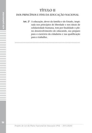 TÍTULO II
ação parlamentar




                     DOS PRINCÍPIOS E FINS DA EDUCAçãO NACIONAL

                               Art. 2º A educação, dever da família e do Estado, inspi-
                                       rada nos princípios de liberdade e nos ideais de
                                       solidariedade humana, tem por finalidade o ple-
                                       no desenvolvimento do educando, seu preparo
                                       para o exercício da cidadania e sua qualificação
                                       para o trabalho.

                   .......................................................................................................




94
                   Projeto de Lei do Plano Nacional de Educação (PNE – 2011/2020)
 