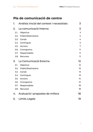Compromís professional PDE | Pla Digital Educatiu
2
Pla de comunicació de centre
1. Análisis inicial del context i necessitats 3
2. La comunicació Interna 3
2.1. Objectius 3
2.2. Públic/Destinataris 4
2.3. Canals 4
2.4. Continguts 5
2.5. Accions 7
2.6. Cronograma 11
2.7. Responsables 11
2.8. Recursos 11
3. La Comunicació Externa 12
3.1. Objectius 12
3.2. Públic/Destinataris 12
3.3. Canals 13
3.4. Continguts 13
3.5. Accions 14
3.6. Cronograma 17
3.7. Responsables 18
3.8. Recursos 18
4. Avaluació i propostes de millora 18
5. Límits Legals 19
 