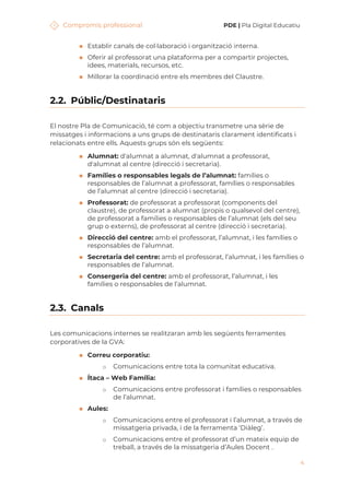 Compromís professional PDE | Pla Digital Educatiu
4
◼ Establir canals de col·laboració i organització interna.
◼ Oferir al professorat una plataforma per a compartir projectes,
idees, materials, recursos, etc.
◼ Millorar la coordinació entre els membres del Claustre.
2.2. Públic/Destinataris
El nostre Pla de Comunicació, té com a objectiu transmetre una sèrie de
missatges i informacions a uns grups de destinataris clarament identificats i
relacionats entre ells. Aquests grups són els següents:
◼ Alumnat: d'alumnat a alumnat, d'alumnat a professorat,
d'alumnat al centre (direcció i secretaria).
◼ Famílies o responsables legals de l’alumnat: famílies o
responsables de l’alumnat a professorat, famílies o responsables
de l’alumnat al centre (direcció i secretaria).
◼ Professorat: de professorat a professorat (components del
claustre), de professorat a alumnat (propis o qualsevol del centre),
de professorat a famílies o responsables de l’alumnat (els del seu
grup o externs), de professorat al centre (direcció i secretaria).
◼ Direcció del centre: amb el professorat, l’alumnat, i les famílies o
responsables de l’alumnat.
◼ Secretaria del centre: amb el professorat, l’alumnat, i les famílies o
responsables de l’alumnat.
◼ Consergeria del centre: amb el professorat, l’alumnat, i les
famílies o responsables de l’alumnat.
2.3. Canals
Les comunicacions internes se realitzaran amb les següents ferramentes
corporatives de la GVA:
◼ Correu corporatiu:
o Comunicacions entre tota la comunitat educativa.
◼ Ítaca – Web Família:
o Comunicacions entre professorat i famílies o responsables
de l’alumnat.
◼ Aules:
o Comunicacions entre el professorat i l’alumnat, a través de
missatgeria privada, i de la ferramenta ‘Diàleg’.
o Comunicacions entre el professorat d’un mateix equip de
treball, a través de la missatgeria d’Aules Docent .
 