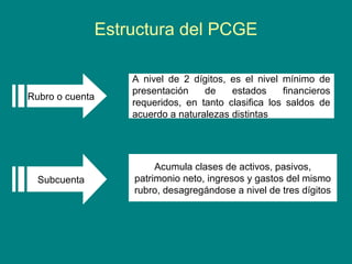 Estructura del PCGE
A nivel de 2 dígitos, es el nivel mínimo de
presentación de estados financieros
requeridos, en tanto clasifica los saldos de
acuerdo a naturalezas distintas
Rubro o cuenta
Acumula clases de activos, pasivos,
patrimonio neto, ingresos y gastos del mismo
rubro, desagregándose a nivel de tres dígitos
Subcuenta
 