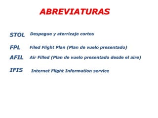 ABREVIATURAS
STOL
FPL
AFIL
IFIS
Air Filled (Plan de vuelo presentado desde el aire)
Filed Flight Plan (Plan de vuelo presentado)
Despegue y aterrizaje cortos
Internet Flight Information service
 