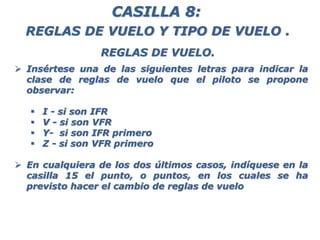  Insértese una de las siguientes letras para indicar la
clase de reglas de vuelo que el piloto se propone
observar:
 I - si son IFR
 V - si son VFR
 Y- si son IFR primero
 Z - si son VFR primero
 En cualquiera de los dos últimos casos, indíquese en la
casilla 15 el punto, o puntos, en los cuales se ha
previsto hacer el cambio de reglas de vuelo
CASILLA 8:
REGLAS DE VUELO.
REGLAS DE VUELO Y TIPO DE VUELO .
 