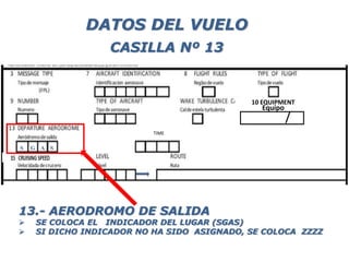 S G A S
13.- AERODROMO DE SALIDA
 SE COLOCA EL INDICADOR DEL LUGAR (SGAS)
 SI DICHO INDICADOR NO HA SIDO ASIGNADO, SE COLOCA ZZZZ
TIME
DATOS DEL VUELO
CASILLA Nº 13
10 EQUIPMENT
Equipo
 