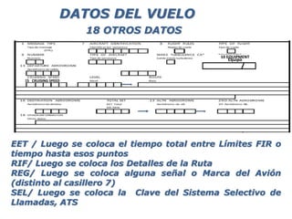 EET / Luego se coloca el tiempo total entre Límites FIR o
tiempo hasta esos puntos
RIF/ Luego se coloca los Detalles de la Ruta
REG/ Luego se coloca alguna señal o Marca del Avión
(distinto al casillero 7)
SEL/ Luego se coloca la Clave del Sistema Selectivo de
Llamadas, ATS
DATOS DEL VUELO
18 OTROS DATOS
15 CRUISING SPEED
10 10 EQUIPMENT
Equipo
 