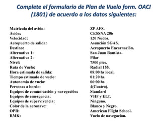 Matricula del avión: ZP AFS.
Avión: CESSNA 206
Velocidad: 120 Nudos.
Aeropuerto de salida: Asunción SGAS.
Destino: Aeropuerto Encarnación.
Alternativa 1: San Juan Bautista.
Alternativa 2: Pilar
Nivel: 7500 pies.
Ruta de Vuelo: Radial 155.
Hora estimada de salida: 08:00 hs local.
Tiempo estimado de vuelo: 01:20 hs.
Autonomía de vuelo: 06:00 hs.
Personas a bordo: 4(Cuatro).
Equipos de comunicación y navegación: Standard
Equipos de emergencia: VHF y ELT.
Equipos de supervivencia: Ninguno.
Color de la aeronave: Blanco y Negro.
OPR: American Flight School.
RMK: Vuelo de navegación.
Complete el formulario de Plan de Vuelo form. OACI
(1801) de acuerdo a los datos siguientes:
 