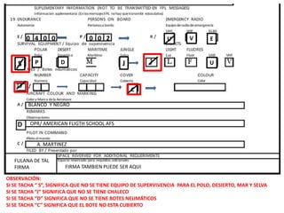 0 4 0 0 0 0 2
U
J
D
P
C
S
BLANCO Y NEGRO
A. MARTINEZ
FULANA DE TAL
FIRMA FIRMA TAMBIEN PUEDE SER AQUI
OPR/ AMERICAN FLIGTH SCHOOL AFS
OBSERVACIÓN:
SI SE TACHA “ S”, SIGNIFICA QUE NO SE TIENE EQUIPO DE SUPERVIVENCIA PARA EL POLO, DESIERTO, MAR Y SELVA
SI SE TACHA “J” SIGNIFICA QUE NO SE TIENE CHALECO
SI SE TACHA “D” SIGNIFICA QUE NO SE TIENE BOTES NEUMÁTICOS
SI SE TACHA “C” SIGNIFICA QUE EL BOTE NO ESTA CUBIERTO
U V E
 