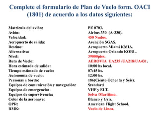 Complete el formulario de Plan de Vuelo form. OACI
(1801) de acuerdo a los datos siguientes:
Matricula del avión: PZ 0703.
Avión: Airbus 330 (A-330).
Velocidad: 450 Nudos.
Aeropuerto de salida: Asunción SGAS.
Destino: Aeropuerto Miami KMIA.
Alternativa: Aeropuerto Orlando KORL.
Nivel: 39000pies.
Ruta de Vuelo: AEROVIA UA235 /UA218/UA431.
Hora estimada de salida: 10:00 hs local.
Tiempo estimado de vuelo: 07:45 hs.
Autonomía de vuelo: 12:00 hs.
Personas a bordo: 186(Ciento Ochenta y Seis).
Equipos de comunicación y navegación: Standard
Equipos de emergencia: VHF y ELT.
Equipos de supervivencia: Selva /Maritimo.
Color de la aeronave: Blanco y Gris.
OPR: American Flight School.
RMK: Vuelo de Linea.
 