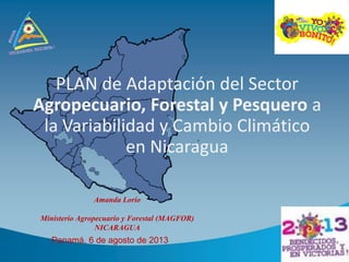 PLAN de Adaptación del Sector
Agropecuario, Forestal y Pesquero a
la Variabilidad y Cambio Climático
en Nicaragua
Amanda Lorío
Ministerio Agropecuario y Forestal (MAGFOR)
NICARAGUA

Panamá, 6 de agosto de 2013

 