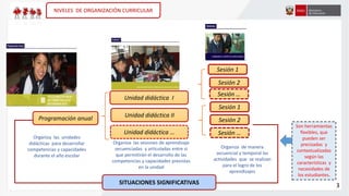 Son herramientas
flexibles, que
pueden ser
precisadas y
contextualizadas
según las
características y
necesidades de
los estudiantes.
NIVELES DE ORGANIZACIÓN CURRICULAR
SITUACIONES SIGNIFICATIVAS
Programación anual
Organiza las unidades
didácticas para desarrollar
competencias y capacidades
durante el año escolar
Organiza las sesiones de aprendizaje
secuenciadas y articuladas entre si
que permitirán el desarrollo de las
competencias y capacidades previstas
en la unidad
Unidad didáctica …
Unidad didáctica II
Unidad didáctica I
Sesión …
Organiza de manera
secuencial y temporal las
actividades que se realizan
para el logro de los
aprendizajes
Sesión 2
Sesión 1
Sesión …
Sesión 2
Sesión 1
3
 