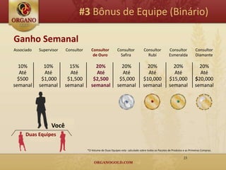 #3 Bônus de Equipe (Binário)

Ganho Semanal
Associado   Supervisor   Consultor      Consultor           Consultor             Consultor           Consultor            Consultor
                                         de Ouro              Safira                Rubí              Esmeralda            Diamante

  10%         10%          15%            20%                 20%                  20%                  20%                 20%
   Até        Até          Até            Até                 Até                  Até                  Até                 Até
  $500       $1,000       $1,500         $2,500              $5,000              $10,000              $15,000             $20,000
semanal     semanal      semanal        semanal             semanal              semanal              semanal             semanal




                  Você
     Duas Equipes

                                     *O Volume de Duas Equipes esta calculado sobre todos os Pacotes de Produtos e as Primeiras Compras.

                                                                                                                 23
 
