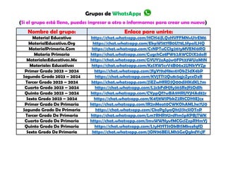Grupos de WhatsApp:
(Si el grupo está lleno, puedes ingresar a otro o informarnos para crear uno nuevo)
Nombre del grupo: Enlace para unirte:
Material Educativo https://chat.whatsapp.com/HCH4iJLQzHVFFMNvU1rEM6
MaterialEducativo.Org https://chat.whatsapp.com/EkpWS87fB0U78L5fpalLHQ
MaterialPrimaria.Com https://chat.whatsapp.com/CsNPTuCCIg261yMVENi0RO
Materia Primaria https://chat.whatsapp.com/CugchCe8FW62AWCDiX2daR
MaterialesEducativos.Mx https://chat.whatsapp.com/GYUY2zApjw0FPt33WUaM1N
Materiales Educativos https://chat.whatsapp.com/KzSXWScrV4B06x2UNkYYZp
Primer Grado 2023 – 2024 https://chat.whatsapp.com/JfgY19xH8es61OkZSdX4bP
Segundo Grado 2023 – 2024 https://chat.whatsapp.com/KVjTT12Qu8s5qjcZyceDzR
Tercer Grado 2023 – 2024 https://chat.whatsapp.com/JSEZwHfRDJQ00diHKdKL7m
Cuarto Grado 2023 – 2024 https://chat.whatsapp.com/L2cbFdHJfy365ReJf5OdIh
Quinto Grado 2023 – 2024 https://chat.whatsapp.com/CYppQf7wBA9HRUYjHAd82r
Sexto Grado 2023 – 2024 https://chat.whatsapp.com/K4fJ8WiPbkZ2RtCDH1EJcx
Primer Grado De Primaria https://chat.whatsapp.com/IR2nMeat0CWKOhAMLhe7U0
Segundo Grado De Primaria https://chat.whatsapp.com/CkePgSyaQh1JiS1cSIOTnP
Tercer Grado De Primaria https://chat.whatsapp.com/Lm7RHR9Urdf1mSpKPBjTWK
Cuarto Grado De Primaria https://chat.whatsapp.com/ImvWWNyvfMCGclZzpRHmYj
Quinto Grado De Primaria https://chat.whatsapp.com/L1yH7fTStOkB1SMkozfqfD
Sexto Grado De Primaria https://chat.whatsapp.com/JON96BEiLMh5GeQgkdYcJF
 