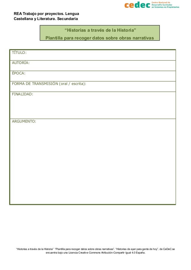 REA Trabajo por proyectos. Lengua
Castellana y Literatura. Secundaria
“Historias a través de la Historia”
Plantilla para r...