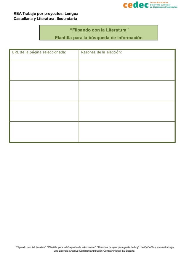 REA Trabajo por proyectos. Lengua
Castellana y Literatura. Secundaria
“Flipando con la Literatura”
Plantilla para la búsqu...