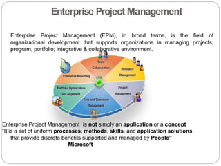 Enterprise Project Management
Enterprise Project Management (EPM), in broad terms, is the field of
organizational development that supports organizations in managing projects,
program, portfolio; integrative & collaborative environment.
Enterprise Project Management is not simply an application or a concept
“It is a set of uniform processes, methods, skills, and application solutions
that provide discrete benefits supported and managed by People”
Microsoft
 