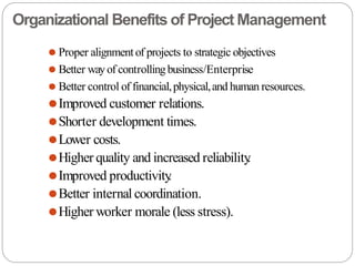 Organizational Benefits of Project Management
⚫ Proper alignmentof projects to strategic objectives
⚫ Better wayof controllingbusiness/Enterprise
⚫ Better control of financial,physical,and human resources.
⚫Improved customer relations.
⚫Shorter development times.
⚫Lower costs.
⚫Higher quality and increased reliability
.
⚫Improved productivity
.
⚫Better internal coordination.
⚫Higher worker morale (less stress).
 