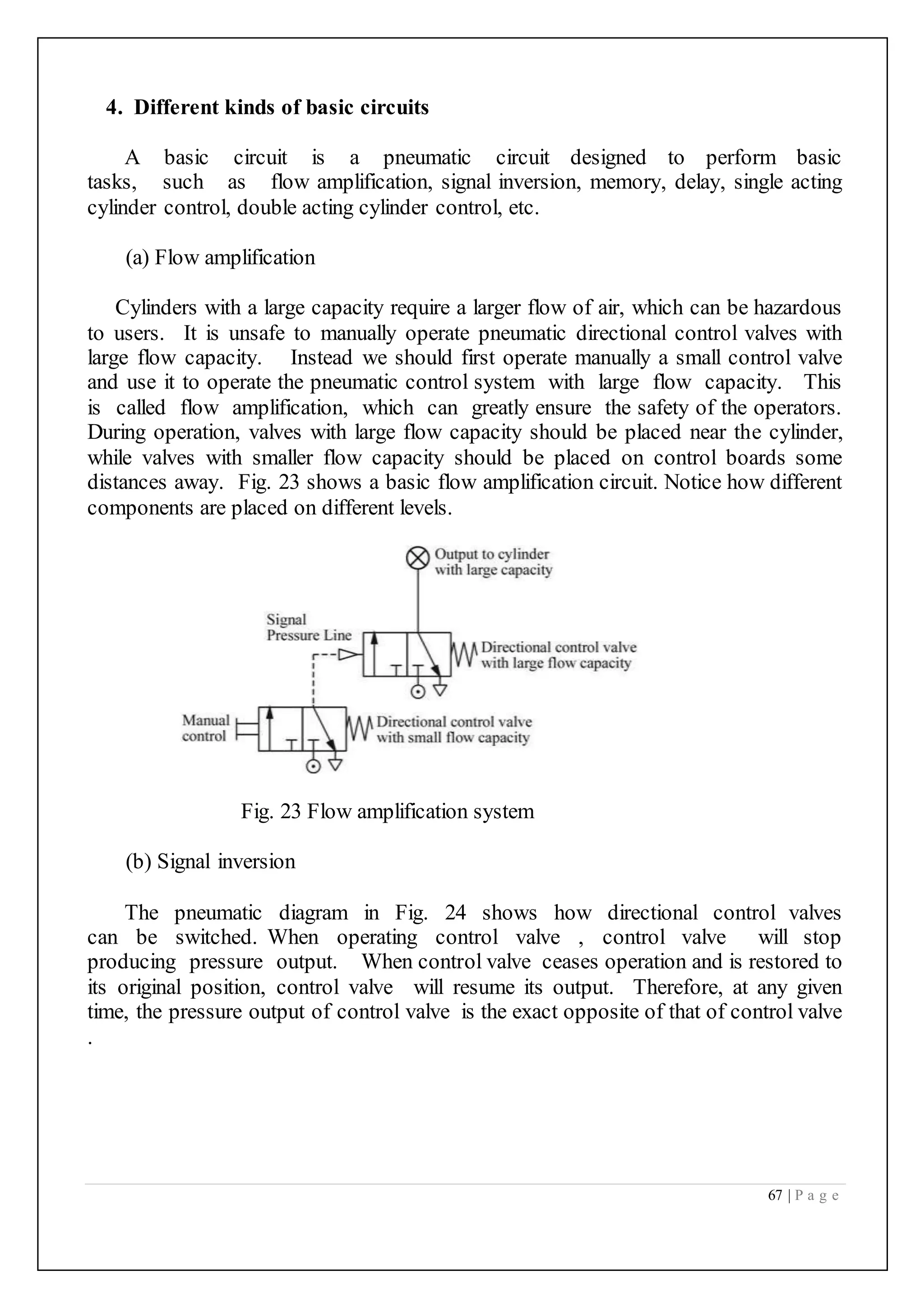 67 | P a g e
4. Different kinds of basic circuits
A basic circuit is a pneumatic circuit designed to perform basic
tasks, such as flow amplification, signal inversion, memory, delay, single acting
cylinder control, double acting cylinder control, etc.
(a) Flow amplification
Cylinders with a large capacity require a larger flow of air, which can be hazardous
to users. It is unsafe to manually operate pneumatic directional control valves with
large flow capacity. Instead we should first operate manually a small control valve
and use it to operate the pneumatic control system with large flow capacity. This
is called flow amplification, which can greatly ensure the safety of the operators.
During operation, valves with large flow capacity should be placed near the cylinder,
while valves with smaller flow capacity should be placed on control boards some
distances away. Fig. 23 shows a basic flow amplification circuit. Notice how different
components are placed on different levels.
Fig. 23 Flow amplification system
(b) Signal inversion
The pneumatic diagram in Fig. 24 shows how directional control valves
can be switched. When operating control valve , control valve will stop
producing pressure output. When control valve ceases operation and is restored to
its original position, control valve will resume its output. Therefore, at any given
time, the pressure output of control valve is the exact opposite of that of control valve
.
 
