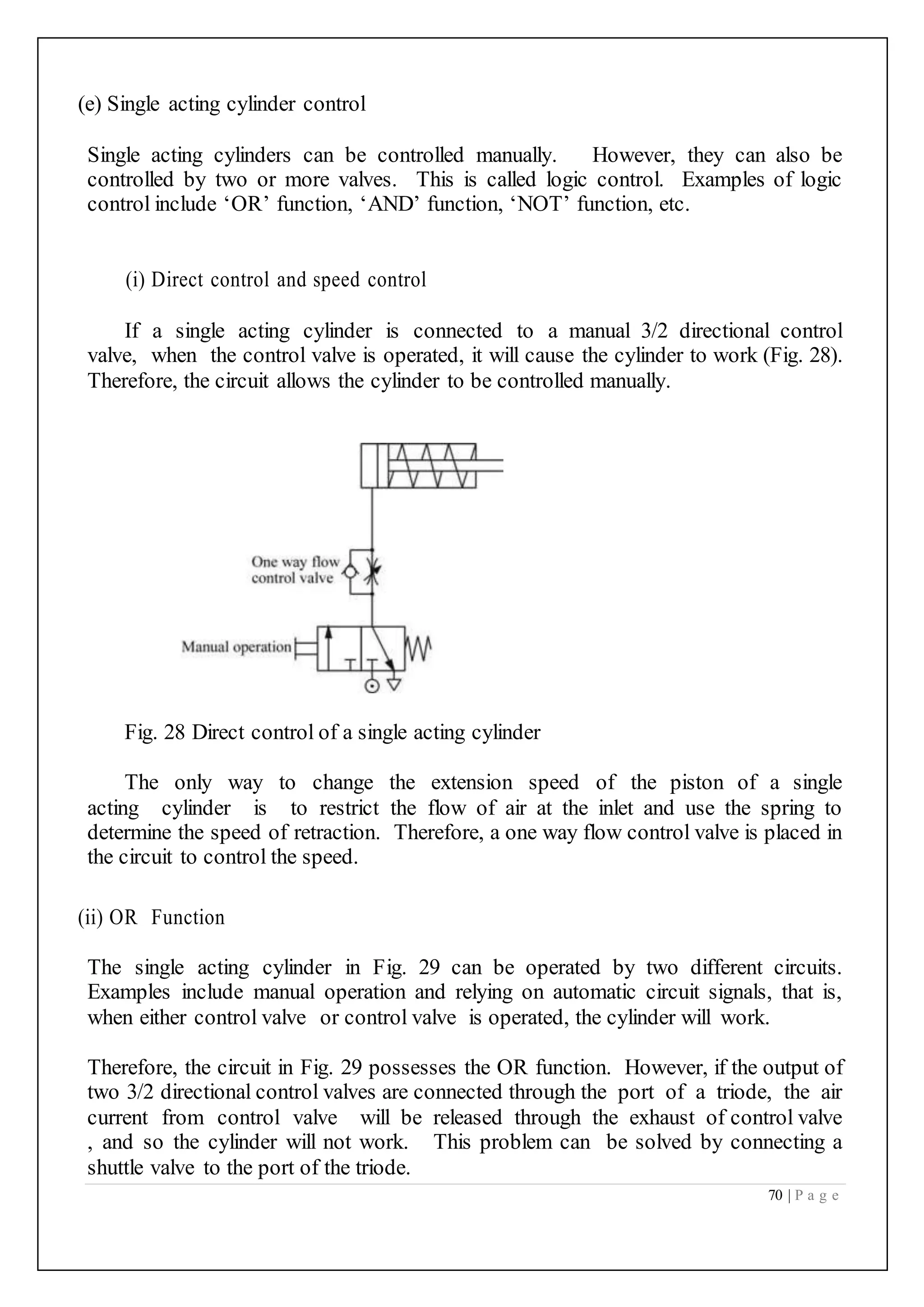 70 | P a g e
(e) Single acting cylinder control
Single acting cylinders can be controlled manually. However, they can also be
controlled by two or more valves. This is called logic control. Examples of logic
control include ‘OR’ function, ‘AND’ function, ‘NOT’ function, etc.
(i) Direct control and speed control
If a single acting cylinder is connected to a manual 3/2 directional control
valve, when the control valve is operated, it will cause the cylinder to work (Fig. 28).
Therefore, the circuit allows the cylinder to be controlled manually.
Fig. 28 Direct control of a single acting cylinder
The only way to change the extension speed of the piston of a single
acting cylinder is to restrict the flow of air at the inlet and use the spring to
determine the speed of retraction. Therefore, a one way flow control valve is placed in
the circuit to control the speed.
(ii) OR Function
The single acting cylinder in Fig. 29 can be operated by two different circuits.
Examples include manual operation and relying on automatic circuit signals, that is,
when either control valve or control valve is operated, the cylinder will work.
Therefore, the circuit in Fig. 29 possesses the OR function. However, if the output of
two 3/2 directional control valves are connected through the port of a triode, the air
current from control valve will be released through the exhaust of control valve
, and so the cylinder will not work. This problem can be solved by connecting a
shuttle valve to the port of the triode.
 