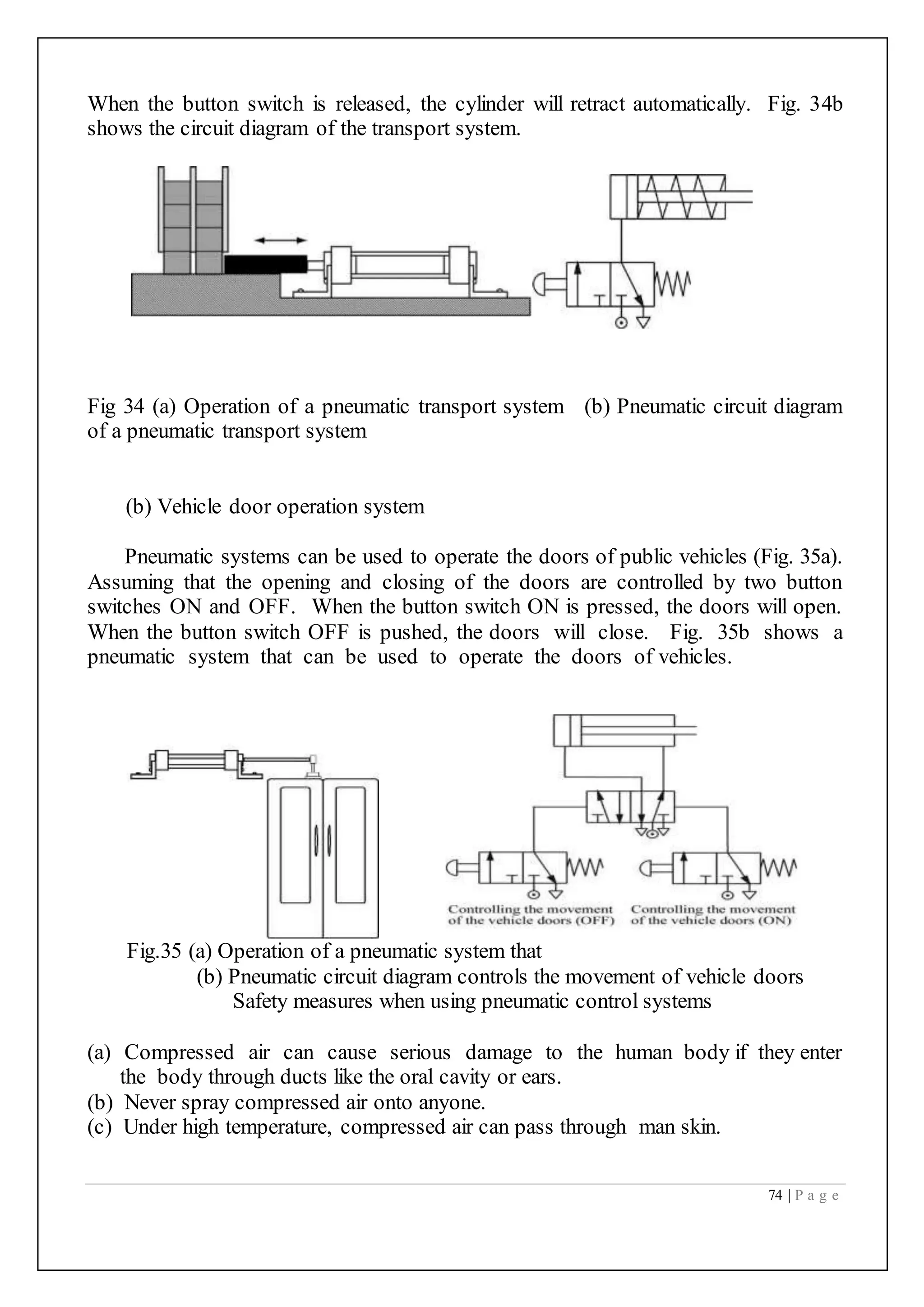 74 | P a g e
When the button switch is released, the cylinder will retract automatically. Fig. 34b
shows the circuit diagram of the transport system.
Fig 34 (a) Operation of a pneumatic transport system (b) Pneumatic circuit diagram
of a pneumatic transport system
(b) Vehicle door operation system
Pneumatic systems can be used to operate the doors of public vehicles (Fig. 35a).
Assuming that the opening and closing of the doors are controlled by two button
switches ON and OFF. When the button switch ON is pressed, the doors will open.
When the button switch OFF is pushed, the doors will close. Fig. 35b shows a
pneumatic system that can be used to operate the doors of vehicles.
Fig.35 (a) Operation of a pneumatic system that
(b) Pneumatic circuit diagram controls the movement of vehicle doors
Safety measures when using pneumatic control systems
(a) Compressed air can cause serious damage to the human body if they enter
the body through ducts like the oral cavity or ears.
(b) Never spray compressed air onto anyone.
(c) Under high temperature, compressed air can pass through man skin.
 