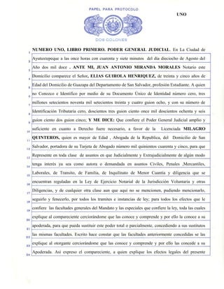 UNO




NUMERO UNO, LIBRO PRIMERO. PODER GENERAL JUDICIAL. En La Ciudad de

Ayutuxtepeque a las once horas con cuarenta y ...