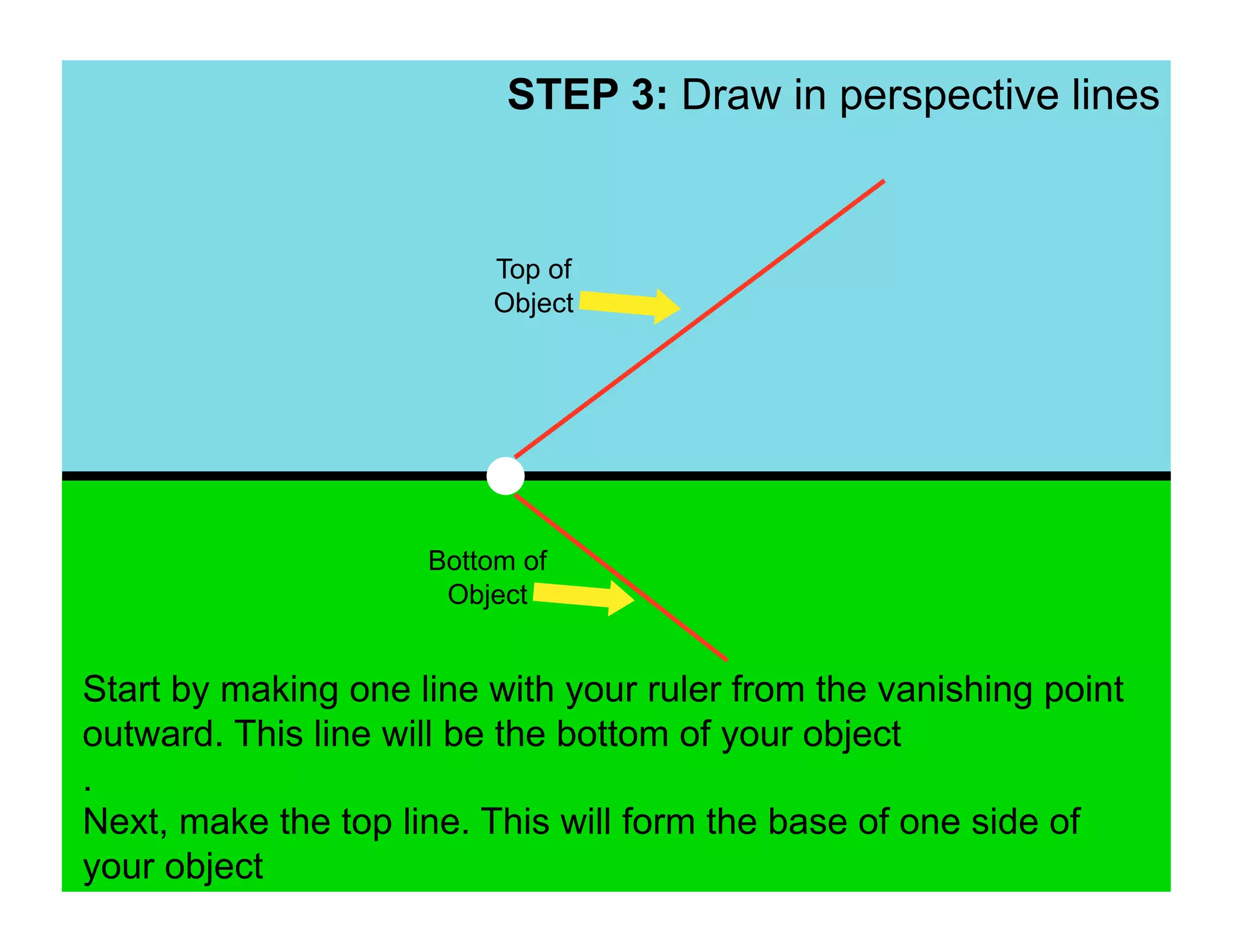STEP 3: Draw in perspective lines


                         Top of
                         Object




                     Bottom of
                      Object


Start by making one line with your ruler from the vanishing point
outward. This line will be the bottom of your object
.
Next, make the top line. This will form the base of one side of
your object
 