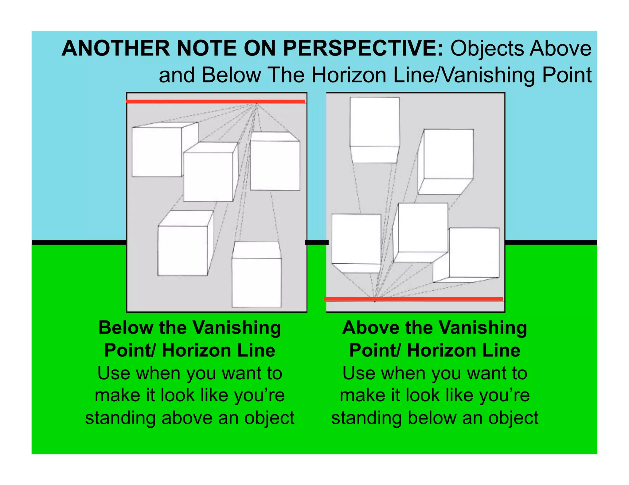 ANOTHER NOTE ON PERSPECTIVE: Objects Above
      and Below The Horizon Line/Vanishing Point




    Below the Vanishing        Above the Vanishing
     Point/ Horizon Line        Point/ Horizon Line
    Use when you want to       Use when you want to
   make it look like you’re    make it look like you’re
  standing above an object    standing below an object
 