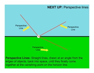NEXT UP: Perspective lines




       Perspective
                                                 Perspective
          Line
                                                    Line




                     Perspective
                        Line


Perspective Lines: Straight lines, drawn at an angle from the
edges of objects, back into space, until they finally come
together at the vanishing point on the horizon line.
 