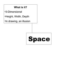 •3-Dimensional
•Height, Width, Depth
•In drawing, an illusion
Space
What is it?
 