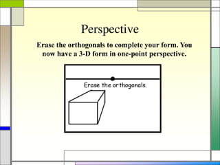 Perspective
Erase the orthogonals to complete your form. You
now have a 3-D form in one-point perspective.
 
