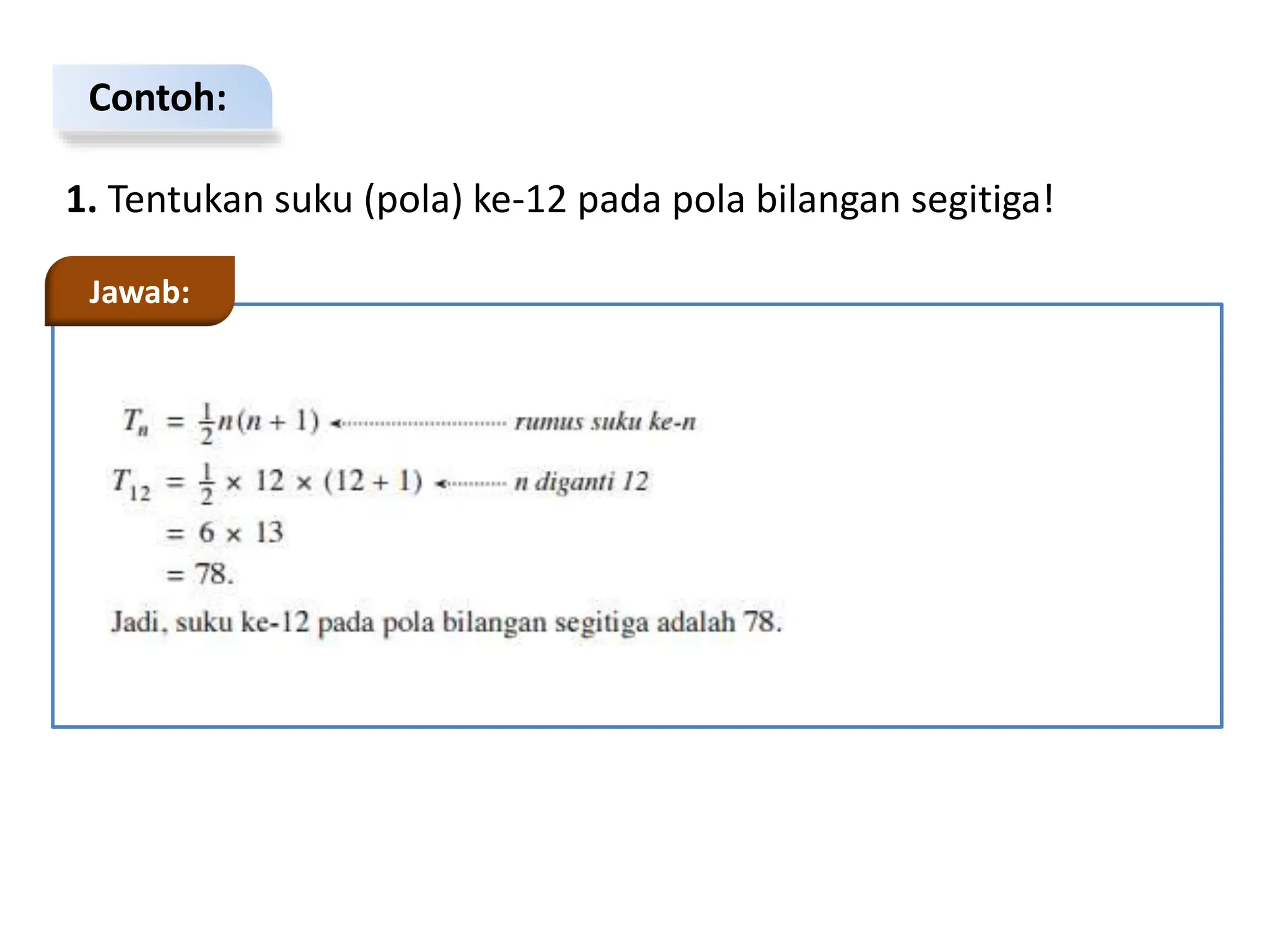 Contoh:
1. Tentukan suku (pola) ke-12 pada pola bilangan segitiga!
Jawab:
 