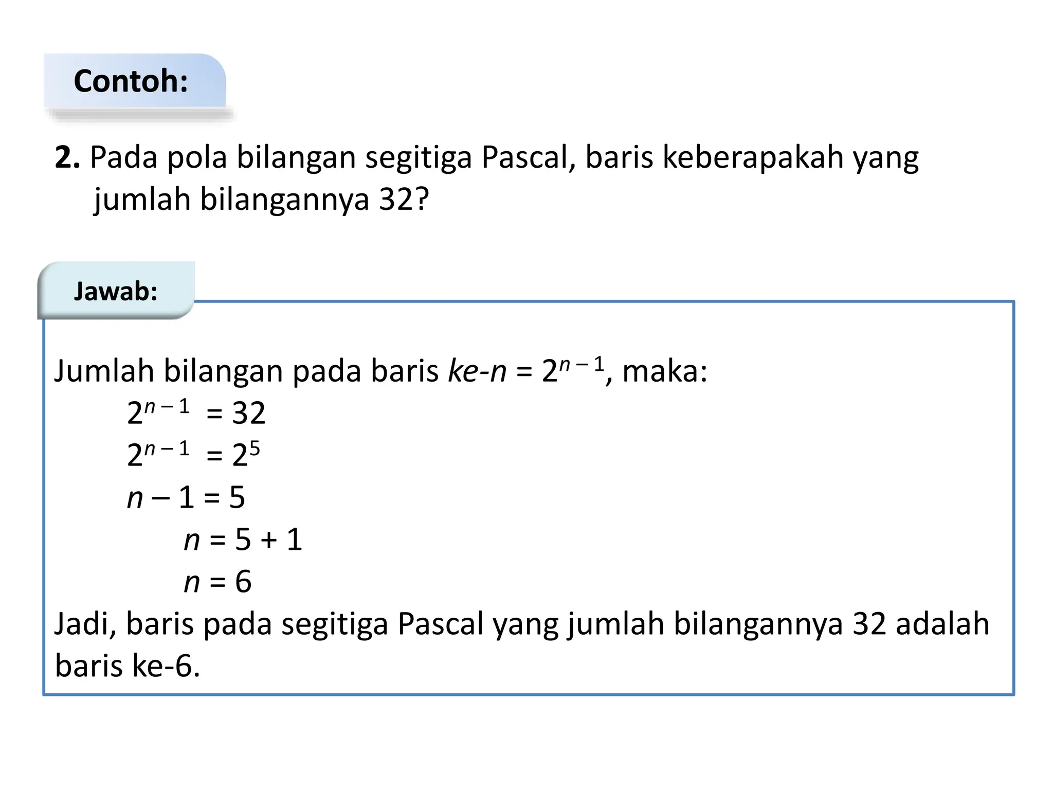 Contoh:
2. Pada pola bilangan segitiga Pascal, baris keberapakah yang
jumlah bilangannya 32?
Jumlah bilangan pada baris ke-n = 2n – 1, maka:
2n – 1 = 32
2n – 1 = 25
n – 1 = 5
n = 5 + 1
n = 6
Jadi, baris pada segitiga Pascal yang jumlah bilangannya 32 adalah
baris ke-6.
Jawab:
 
