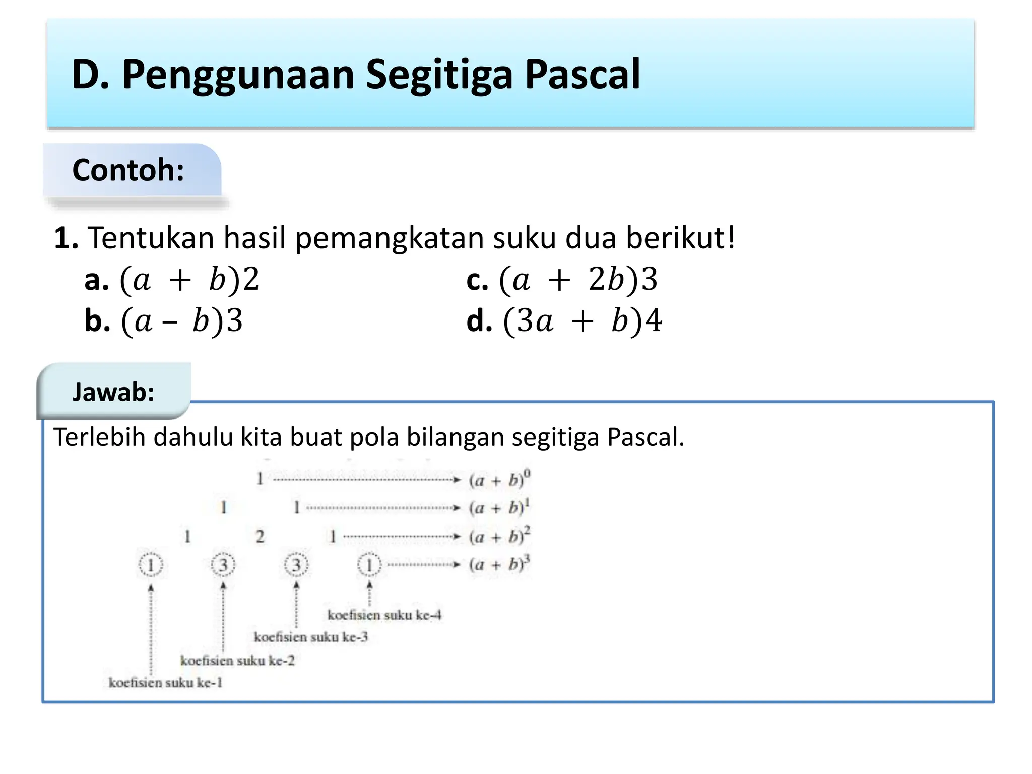 D. Penggunaan Segitiga Pascal
Contoh:
1. Tentukan hasil pemangkatan suku dua berikut!
a. (𝑎 + 𝑏)2 c. (𝑎 + 2𝑏)3
b. (𝑎 – 𝑏)3 d. (3𝑎 + 𝑏)4
Terlebih dahulu kita buat pola bilangan segitiga Pascal.
Jawab:
 