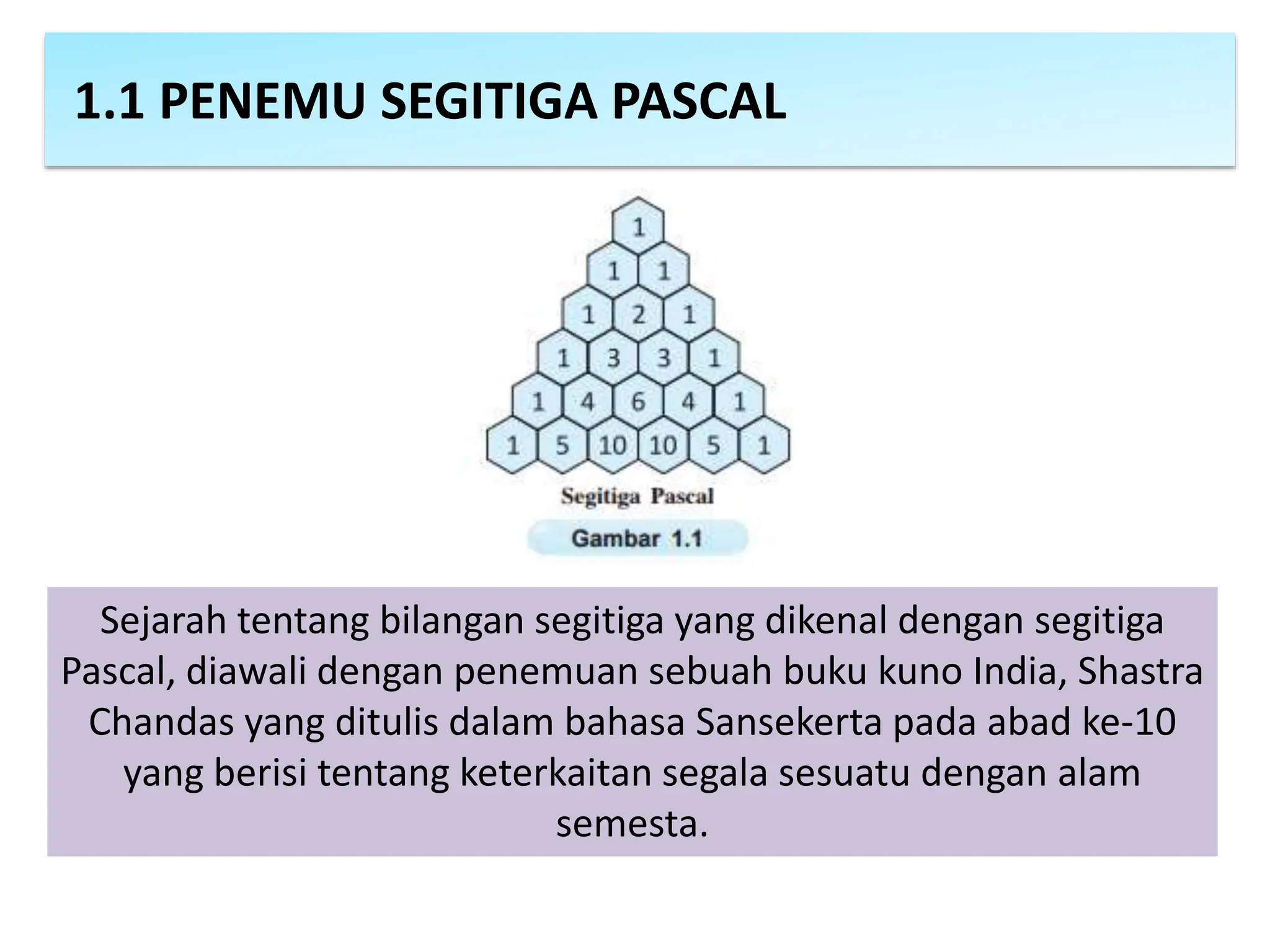 Sejarah tentang bilangan segitiga yang dikenal dengan segitiga
Pascal, diawali dengan penemuan sebuah buku kuno India, Shastra
Chandas yang ditulis dalam bahasa Sansekerta pada abad ke-10
yang berisi tentang keterkaitan segala sesuatu dengan alam
semesta.
1.1 PENEMU SEGITIGA PASCAL
 