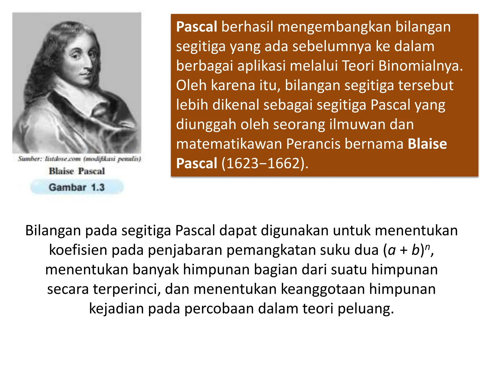 Pascal berhasil mengembangkan bilangan
segitiga yang ada sebelumnya ke dalam
berbagai aplikasi melalui Teori Binomialnya.
Oleh karena itu, bilangan segitiga tersebut
lebih dikenal sebagai segitiga Pascal yang
diunggah oleh seorang ilmuwan dan
matematikawan Perancis bernama Blaise
Pascal (1623−1662).
Bilangan pada segitiga Pascal dapat digunakan untuk menentukan
koefisien pada penjabaran pemangkatan suku dua (a + b)n,
menentukan banyak himpunan bagian dari suatu himpunan
secara terperinci, dan menentukan keanggotaan himpunan
kejadian pada percobaan dalam teori peluang.
 