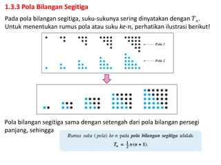 Pada pola bilangan segitiga, suku-sukunya sering dinyatakan dengan 𝑇𝑛.
Untuk menentukan rumus pola atau suku ke-𝑛, perhatikan ilustrasi berikut!
1.3.3 Pola Bilangan Segitiga
Pola bilangan segitiga sama dengan setengah dari pola bilangan persegi
panjang, sehingga
 