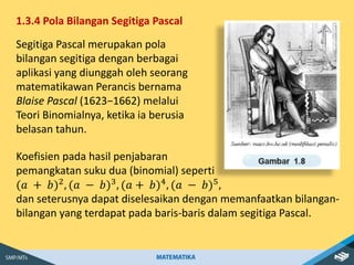 1.3.4 Pola Bilangan Segitiga Pascal
Segitiga Pascal merupakan pola
bilangan segitiga dengan berbagai
aplikasi yang diunggah oleh seorang
matematikawan Perancis bernama
Blaise Pascal (1623−1662) melalui
Teori Binomialnya, ketika ia berusia
belasan tahun.
Koefisien pada hasil penjabaran
pemangkatan suku dua (binomial) seperti
(𝑎 + 𝑏)2, (𝑎 − 𝑏)3, (𝑎 + 𝑏)4, (𝑎 − 𝑏)5,
dan seterusnya dapat diselesaikan dengan memanfaatkan bilangan-
bilangan yang terdapat pada baris-baris dalam segitiga Pascal.
 