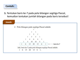 Contoh:
1. Tentukan baris ke-7 pada pola bilangan segitiga Pascal,
kemudian tentukan jumlah bilangan pada baris tersebut!
Jawab:
 